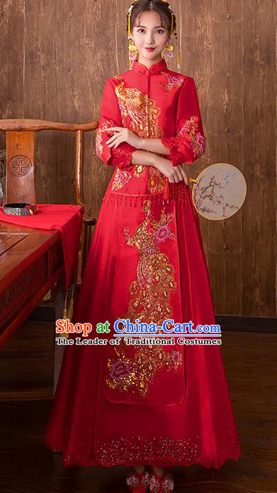 Chinese Traditional Bridal Red Xiuhe Suit Embroidered Phoenix Peony Wedding Dress Ancient Bride Cheongsam for Women