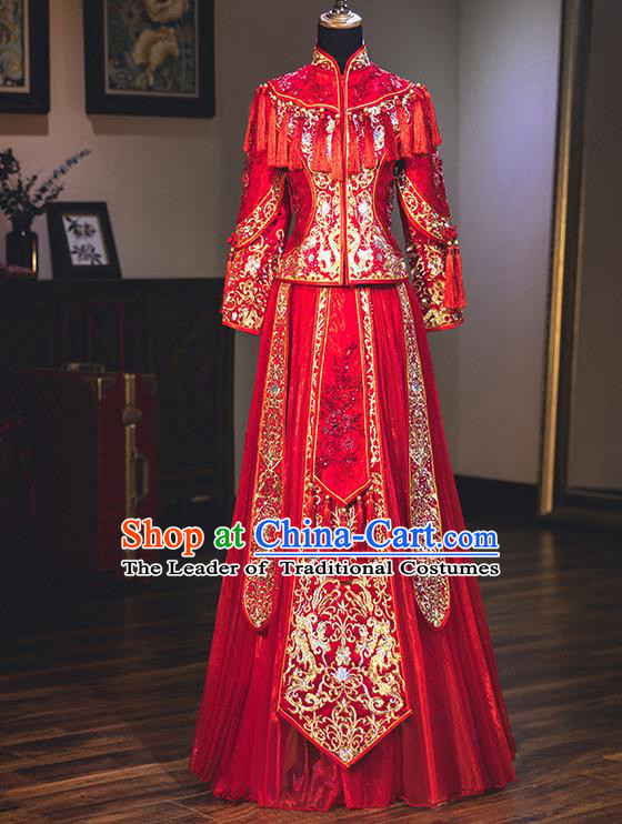 Chinese Traditional Delicate Embroidered Red Wedding Dress Ancient Bride Xiuhe Suit Costume for Women
