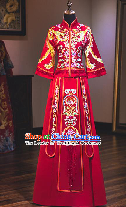 Chinese Traditional Delicate Embroidered Phoenix Wedding Dress Ancient Bride Longfeng Flown Xiuhe Suit Costume for Women