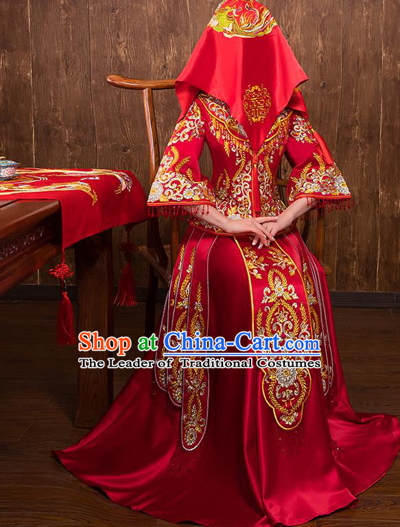 Chinese Traditional Wedding Bridal Embroidered Xiuhe Suit Ancient Bride Red Diamante Cheongsam for Women