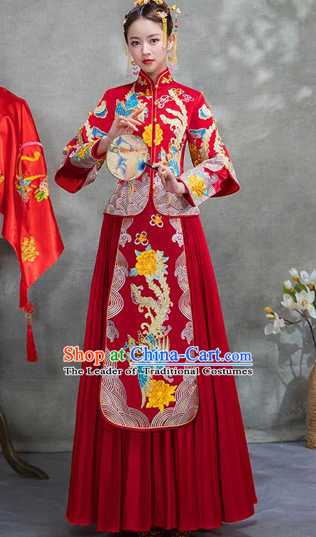 Chinese Traditional Embroidered Peony Phoenix Xiuhe Suit Ancient Wedding Red Toast Cheongsam Dress for Women