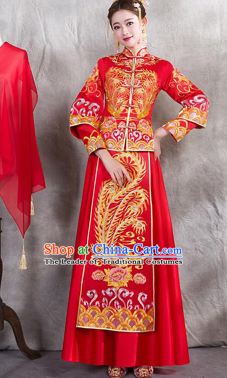 Chinese Traditional Embroidered Phoenix Xiuhe Suit Ancient Wedding Red Dress Toast Cheongsam for Women