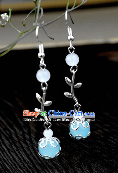 Chinese Traditional Ancient Earrings Accessories Hanfu Blue Bead Eardrop for Women