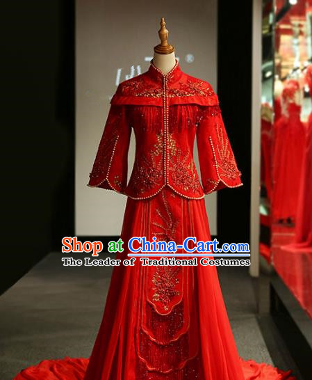 Chinese Traditional Wedding Xiuhe Suit Ancient Longfeng Flown Bride Embroidered Red Dress for Women