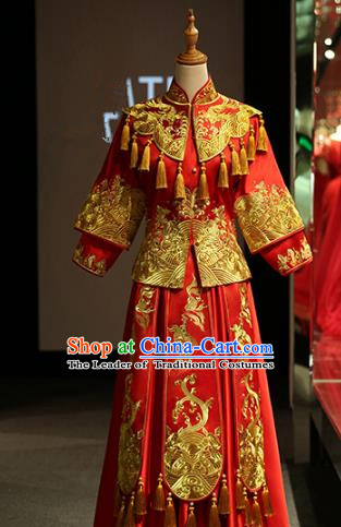Chinese Traditional Bride Xiuhe Suit Ancient Wedding Longfeng Flown Embroidered Cheongsam Dress for Women