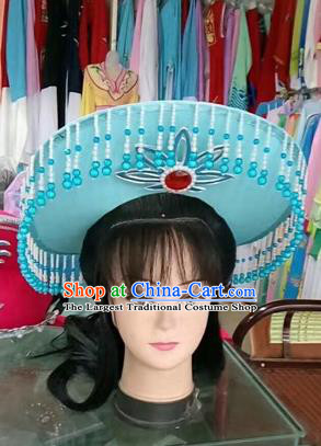 Chinese Traditional Beijing Opera Fishing Lady Blue Hat Peking Opera Drakan Headwear for Adults