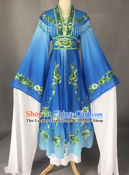 Chinese Peking Opera Actress Blue Dress Traditional Beijing Opera Rich Lady Embroidered Costumes for Adults
