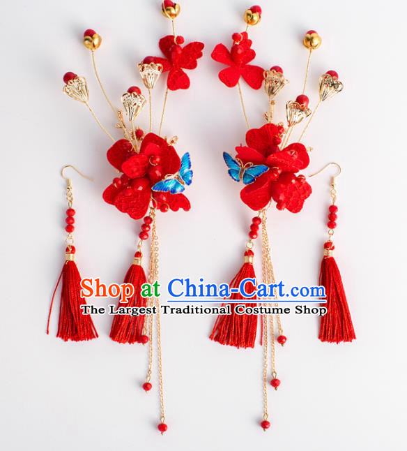 Chinese Ancient Hanfu Wedding Red Tassel Hair Claws Hair Accessories Traditional Hairpins for Women