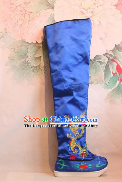 Chinese Traditional Beijing Opera Emperor Shoes Beijing Opera Takefu Blue Embroidered Boots for Men