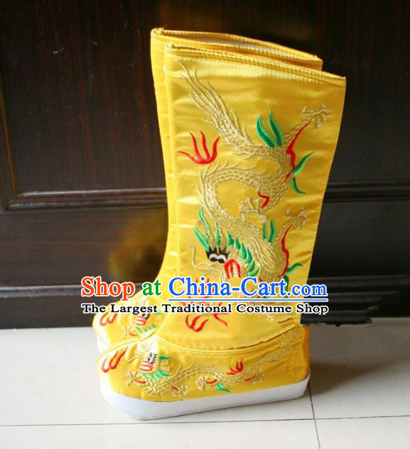 Chinese Traditional Beijing Opera Emperor Shoes Beijing Opera Takefu Yellow Embroidered Boots for Men