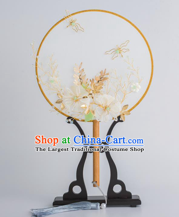 Chinese Traditional Palace Fans Ancient Bride Wedding White Silk Flower Round Fans for Women