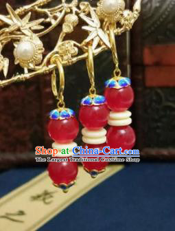 Chinese Ancient Red Beads Blueing Earrings Qing Dynasty Manchu Palace Lady Ear Accessories for Women