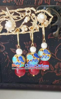 Chinese Ancient Earrings Qing Dynasty Manchu Palace Lady Three Strings Cloisonne Ear Accessories for Women