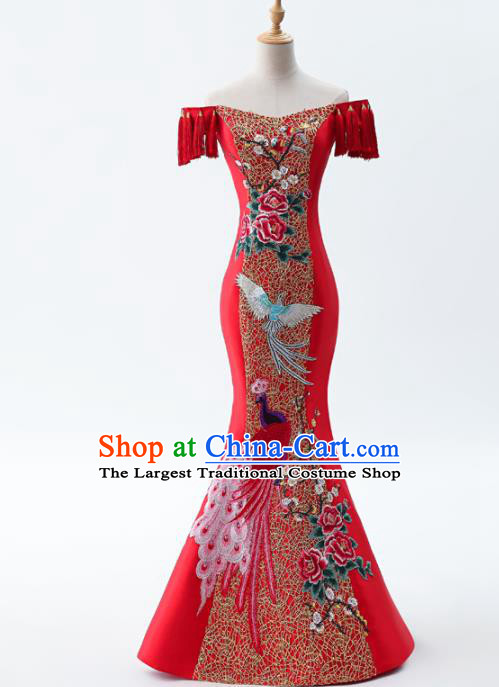 Chinese Traditional National Cheongsam Compere Costume Mermaid Red Full Dress for Women
