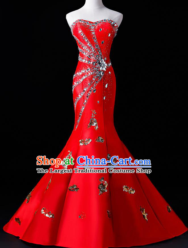 Top Grade Catwalks Sequins Red Full Dress Compere Chorus Costume for Women