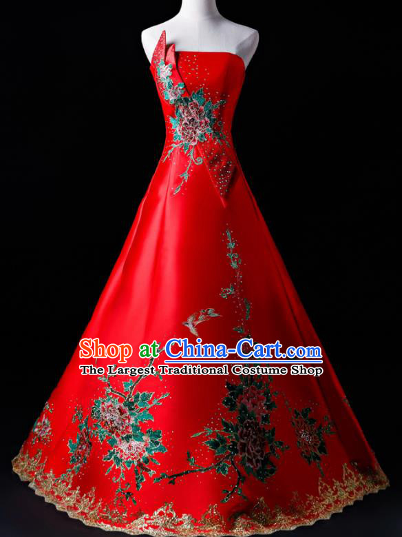Top Grade Catwalks Red Strapless Full Dress Compere Chorus Costume for Women