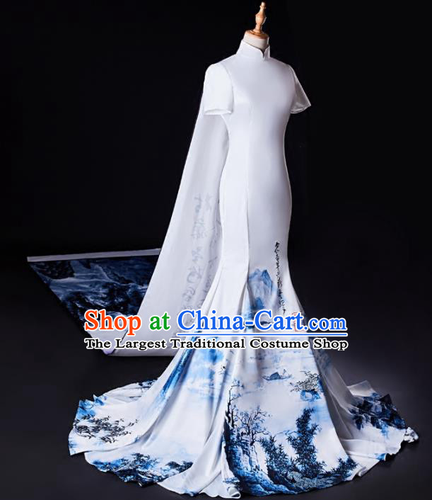 Chinese Traditional National Cheongsam Compere Chorus Costume White Full Dress for Women