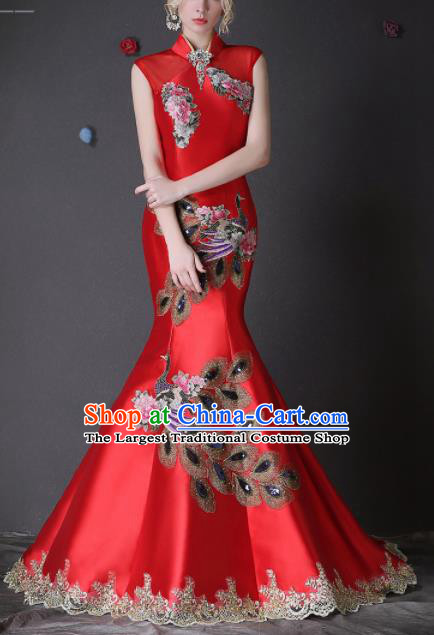 Chinese Traditional Compere Red Full Dress Embroidered Phoenix Cheongsam Chorus Costume for Women