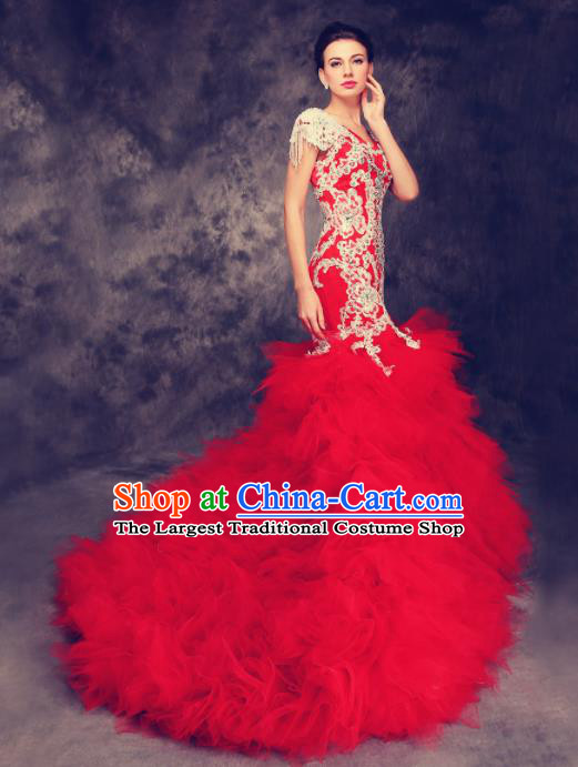 Chinese Traditional Compere Red Veil Full Dress Cheongsam Chorus Costume for Women