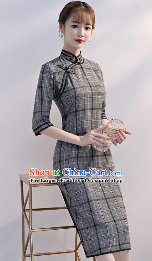 Chinese Traditional Full Dress Grey Short Cheongsam Compere Costume for Women