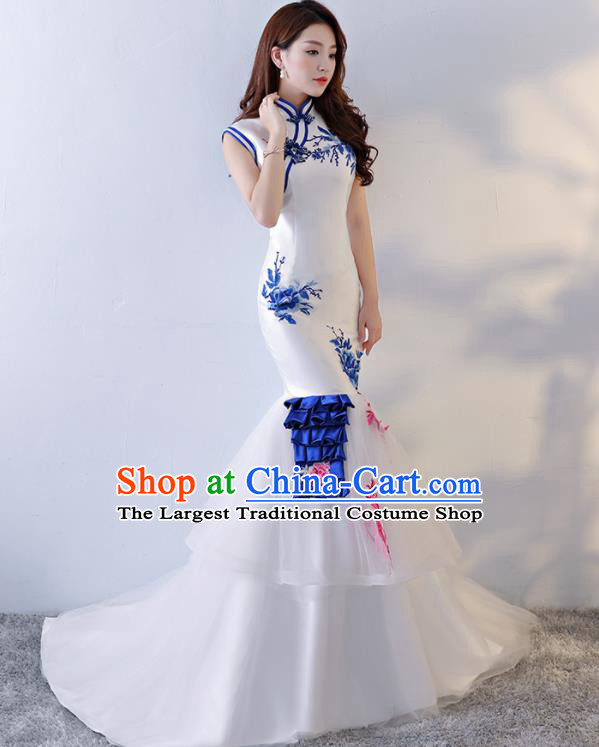 Chinese Traditional Qipao Dress White Veil Trailing Cheongsam Compere Costume for Women