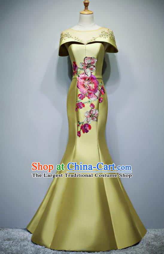 Chinese Traditional Embroidered Yellow Full Dress Compere Chorus Costume for Women
