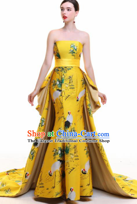 Chinese Traditional Yellow Trailing Full Dress Compere Chorus Costume for Women