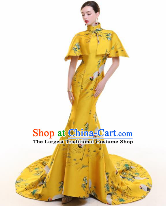 Chinese Traditional Yellow Trailing Cheongsam Full Dress Compere Chorus Costume for Women