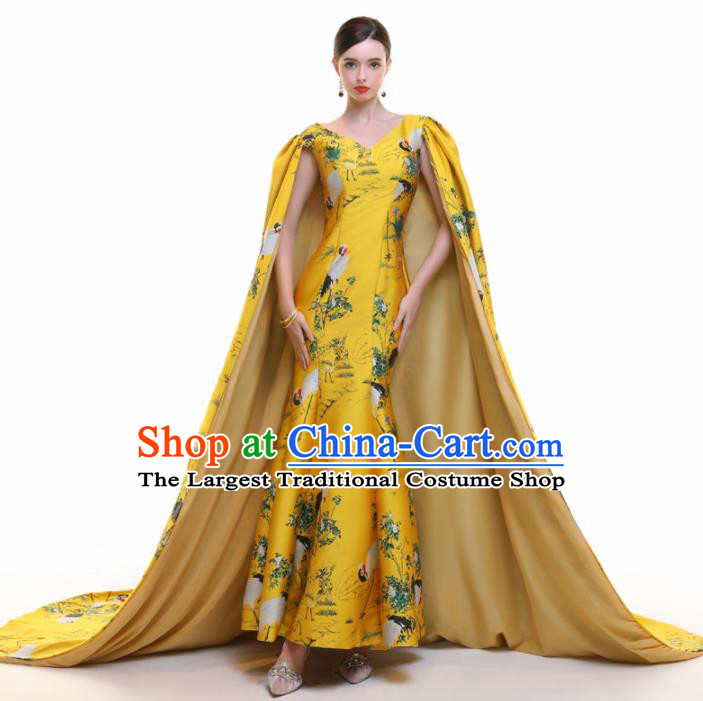 Chinese Traditional Yellow Cloak Full Dress Compere Chorus Costume for Women