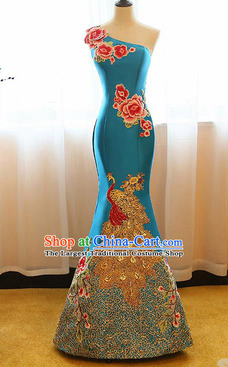 Chinese Traditional Compere Peacock Blue Full Dress Cheongsam Chorus Costume for Women