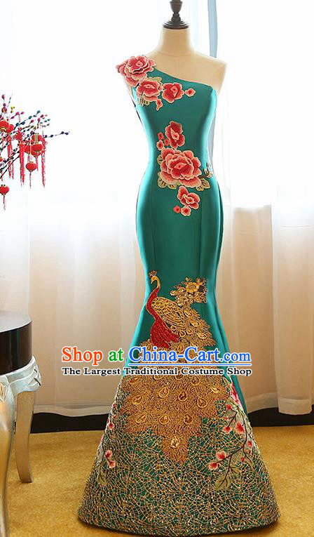 Chinese Traditional Compere Green Full Dress Cheongsam Chorus Costume for Women