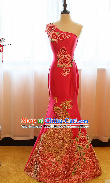 Chinese Traditional Compere Rosy Full Dress Cheongsam Chorus Costume for Women
