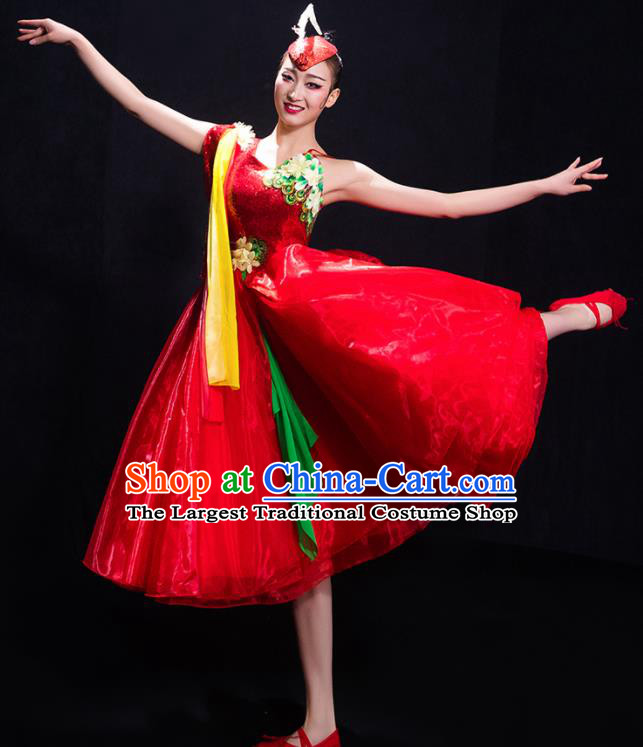 Professional Chorus Costumes Modern Dance Red Bubble Dress for Women