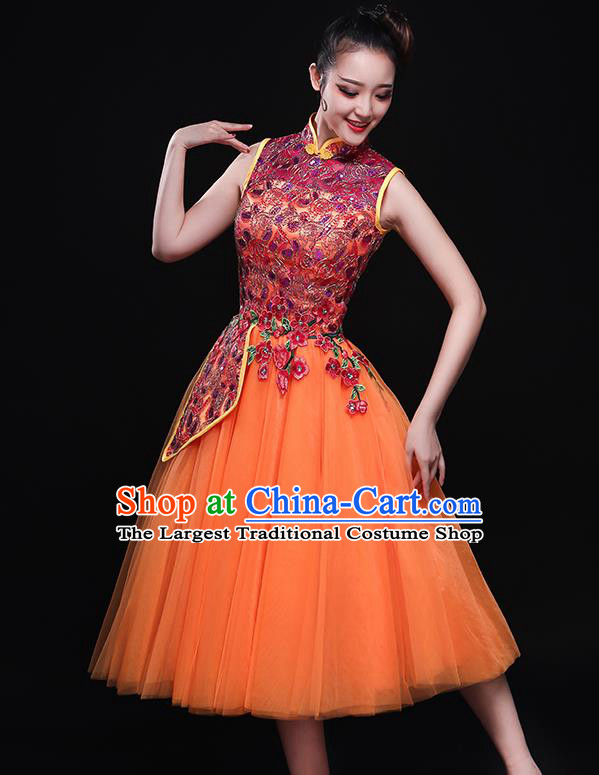 Chinese Traditional Classical Dance Orange Dress Umbrella Dance Costume for Women