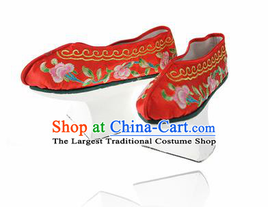 Asian Chinese Ancient Qing Dynasty Palace Saucers Shoes Traditional Red Embroidered Shoes for Women