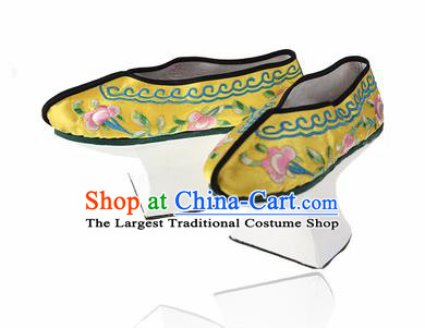 Asian Chinese Ancient Qing Dynasty Palace Saucers Shoes Traditional Yellow Embroidered Shoes for Women