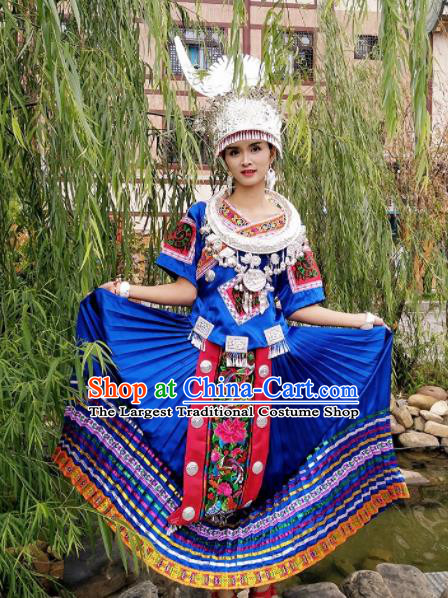 Chinese Traditional Miao Nationality Costume Hmong Bride Embroidered Blue Dress and Headpiece for Women