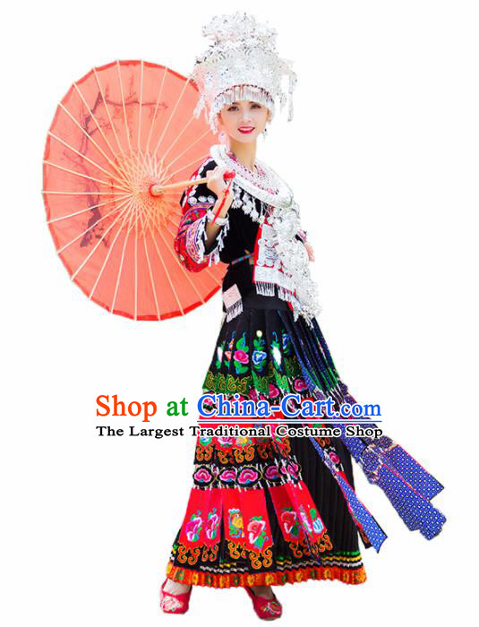 Chinese Traditional Miao Nationality Embroidered Costumes Hmong Dress and Headpiece for Women