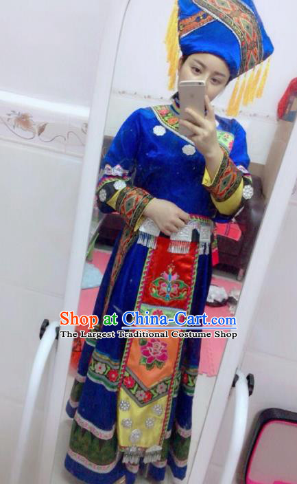 Chinese Traditional Zhuang Nationality Embroidered Costumes Hmong Dress and Hat for Women
