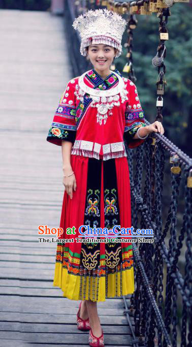 Chinese Traditional Miao Minority Dance Embroidered Costumes and Hat Complete Set for Women