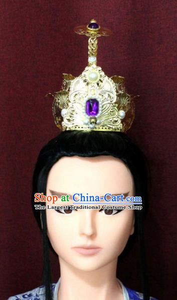 Chinese Traditional Tang Dynasty Swordsman Purple Crystal Hairdo Crown Ancient Prince Hair Accessories for Men