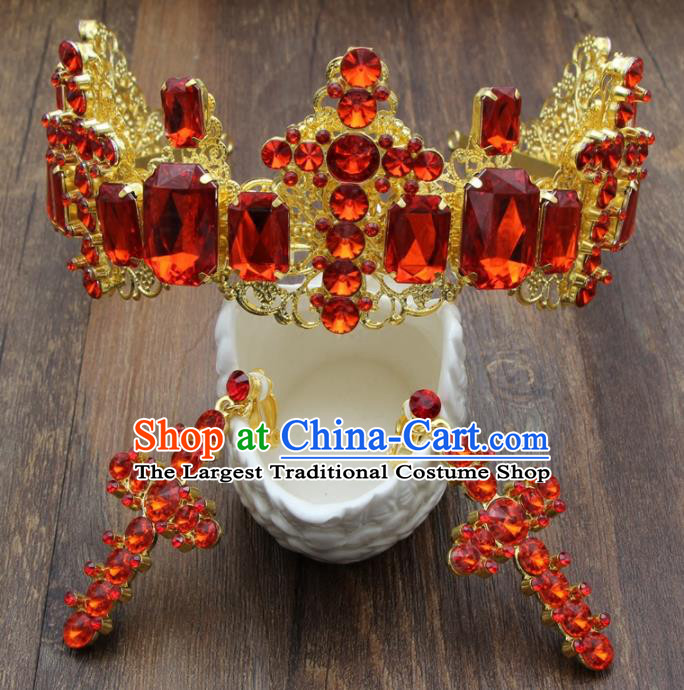 Top Grade Bride Hair Accessories Wedding Red Crystal Royal Crown and Earrings for Women