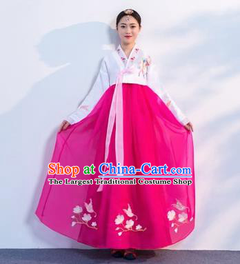 Asian Korean Traditional Costumes Korean Hanbok White Embroidered Blouse and Rosy Skirt for Women