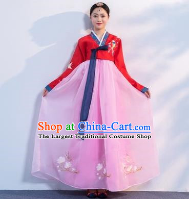 Asian Korean Traditional Costumes Korean Hanbok Red Embroidered Blouse and Pink Skirt for Women