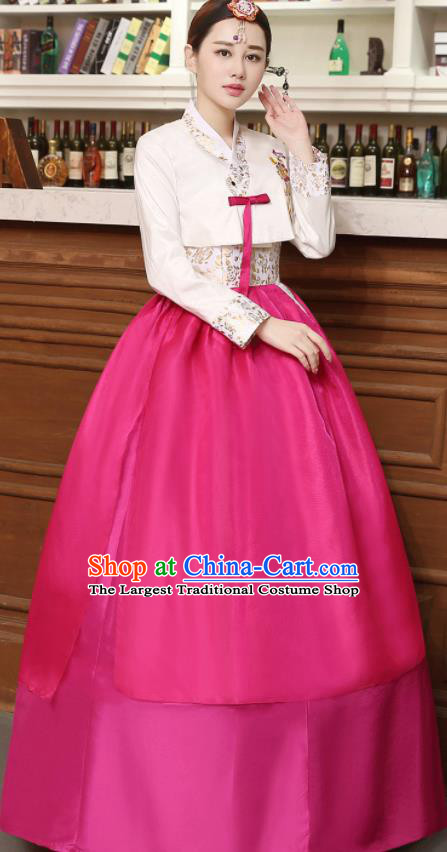 Korean Traditional Costumes Asian Korean Hanbok Palace Bride Embroidered White Blouse and Rosy Skirt for Women