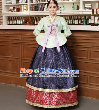 Korean Traditional Costumes Asian Korean Hanbok Palace Bride Embroidered Green Blouse and Navy Skirt for Women