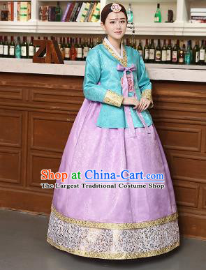 Korean Traditional Costumes Asian Korean Hanbok Palace Bride Embroidered Blue Blouse and Lilac Skirt for Women