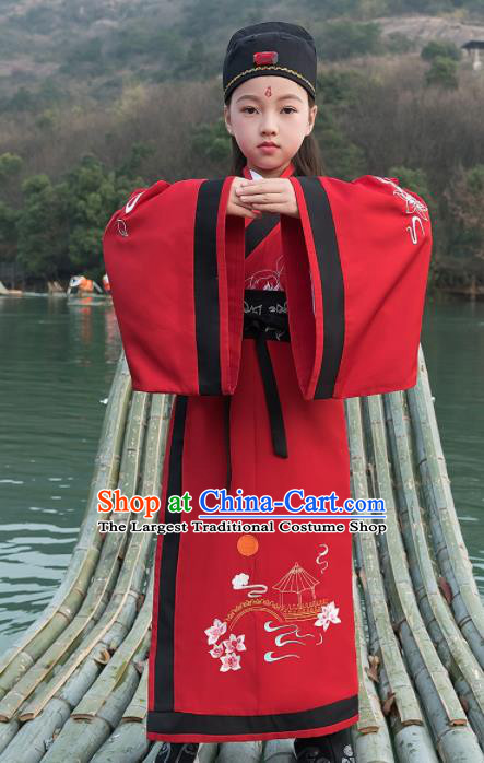 Traditional Chinese Ancient Scholar Costumes Han Dynasty Minister Red Embroidered Robe for Kids