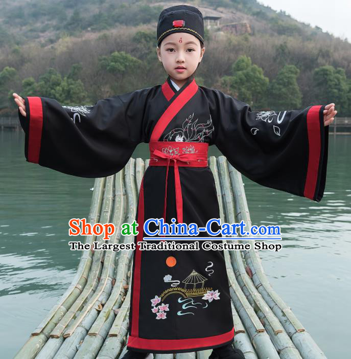 Traditional Chinese Ancient Scholar Costumes Han Dynasty Minister Black Embroidered Robe for Kids