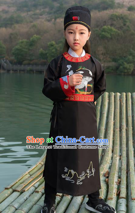 Traditional Chinese Ancient Scholar Costumes Tang Dynasty Swordsman Black Embroidered Robe for Kids